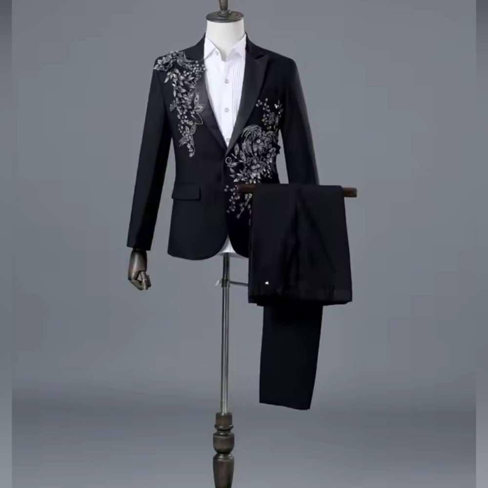 Suitsupply Black Tuxedo with Silver Floral Design